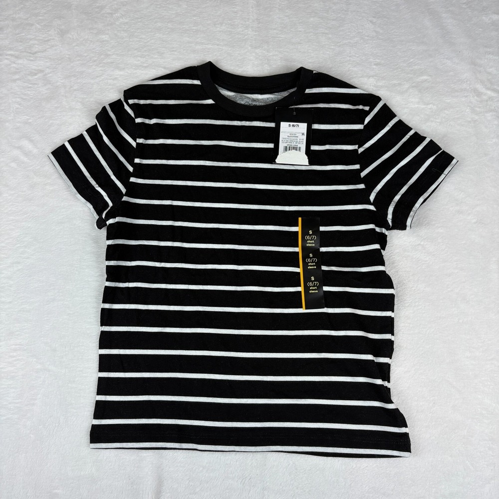Art Class Shirt Boys S(6/7) Black Cotton Striped Short Sleeve Crew Neck Pullover